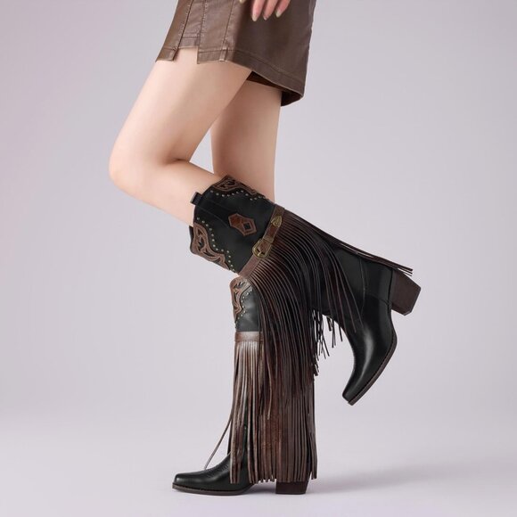 ⚡Women's Brown Fringe Embroidered Western Knee High Cowgirl Boots Chunky Heel - Picture 3 of 6